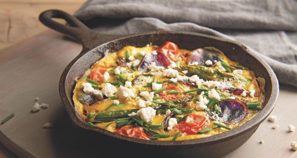 Mushroom Asparagus Frittata in a cast iron skillet