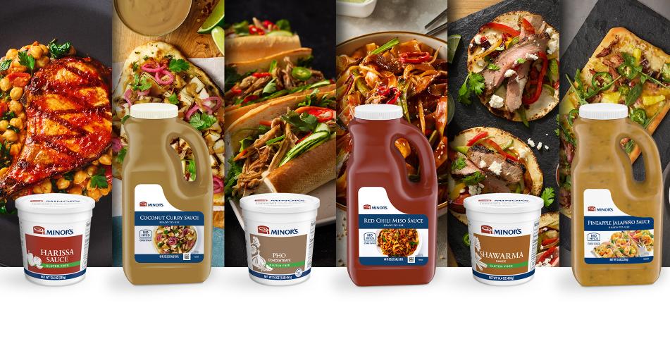 Harissa Sauce, Coconut Curry Sauce, Pho Concentrate, Red Chili Miso Sauce, Shawarma Sauce, and Pineapple Jalepeno Sauce