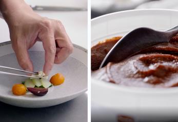 Split image. On left a chefs hand plating a dish, and on the right a spoon stirring a sauce