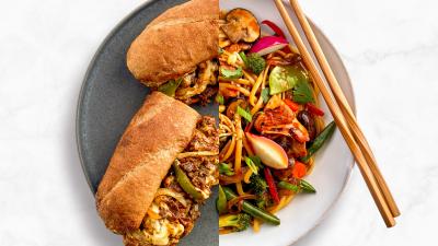 Split photo featuring Caramelized Vegetable Stir-Fry and Cheesy Beefsteak Hoagie