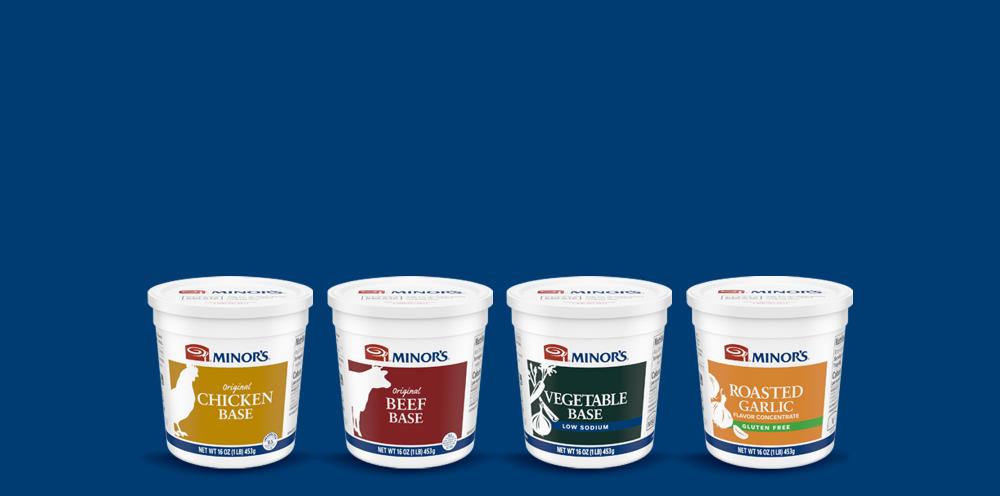 Four tubs of Minors Chicken Base, Beef Base, Vegetable Base, and Roasted Garlic Flavor Concentrate