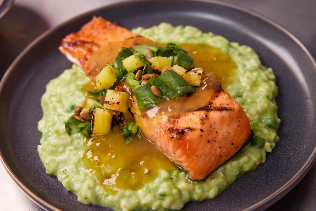 Salmon with Spring Pea Risotto and Dandelion Green Salad	