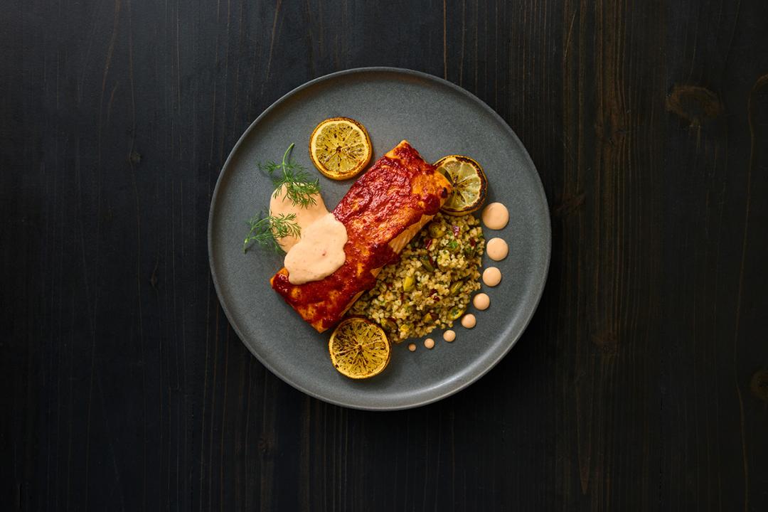 Harissa Roast Salmon with Yogurt Sauce and Herbed Grains