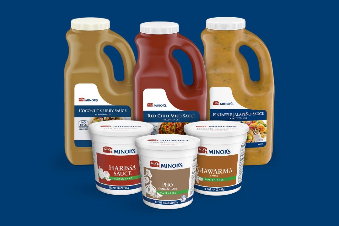 Harissa Sauce, Coconut Curry Sauce, Pho Concentrate, Red Chili Miso Sauce, Shawarma Sauce, and Pineapple Jalepeno Sauce