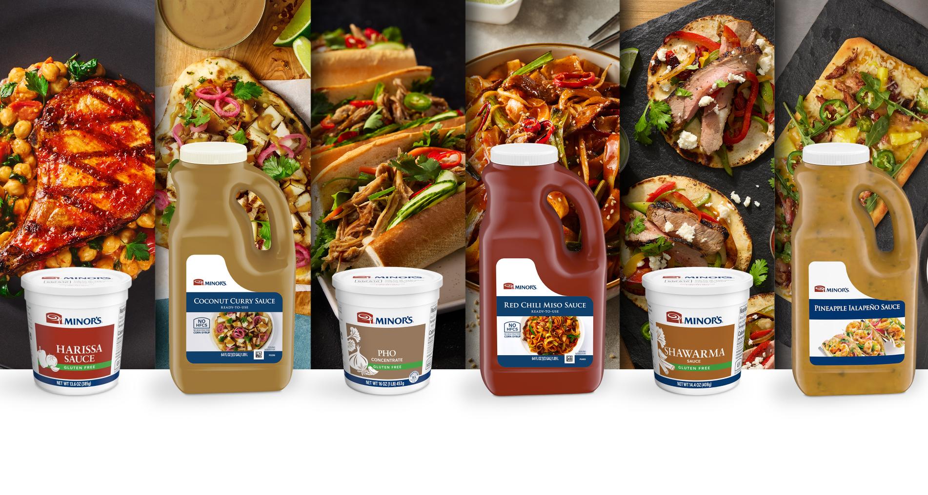 Harissa Sauce, Coconut Curry Sauce, Pho Concentrate, Red Chili Miso Sauce, Shawarma Sauce, and Pineapple Jalepeno Sauce