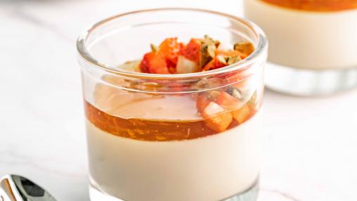 Oat Milk Panna Cotta with pistachios, strawberries, and raw milk