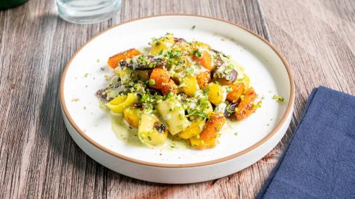 Garlicky Carrots and Leeks with Poblano Tahini Sauce