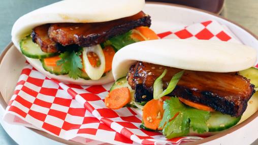 Sweet and Spicy Plum Bao Buns with Crispy Pork Belly 