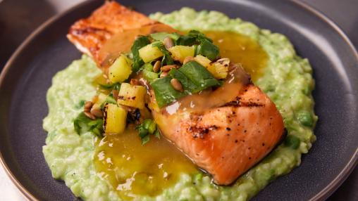 Salmon with Spring Pea Risotto and Dandelion Green Salad