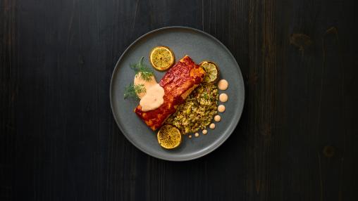 Harissa Roast Salmon with Yogurt Sauce and Herbed Grains