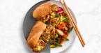 Split photo featuring Caramelized Vegetable Stir-Fry and Cheesy Beefsteak Hoagie