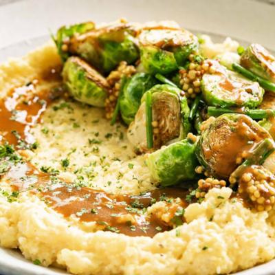 Vegan Alfredo Polenta with Herby Brussels Sprouts